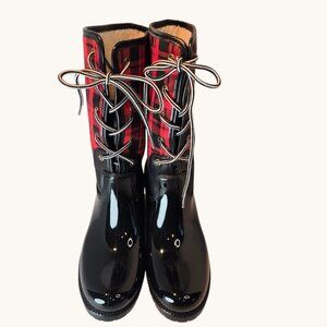 Charlie Paige size 8 black and red plaid, fleece lined, lace up rain boots (NEW)